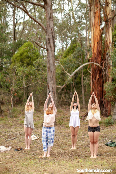 Beautiful Australian ladies practicing yoga in their hot outfits in nature - #975538
