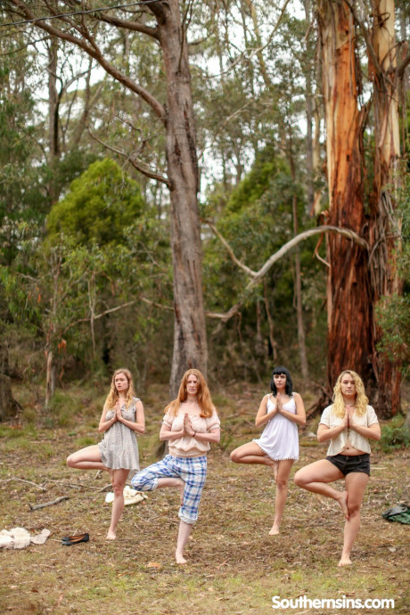 Beautiful Australian ladies practicing yoga in their hot outfits in nature - #975540
