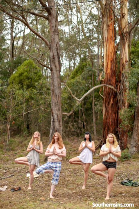 Beautiful Australian ladies practicing yoga in their hot outfits in nature - #975542