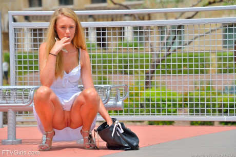 Attractive fresh teen skank girl chick gets aroused at flashing her undressed snatch in public places - #1273172