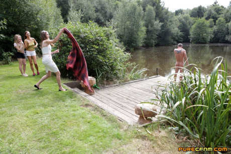 Three hotties please a horny voyeur by the side of a private lake - #1002958