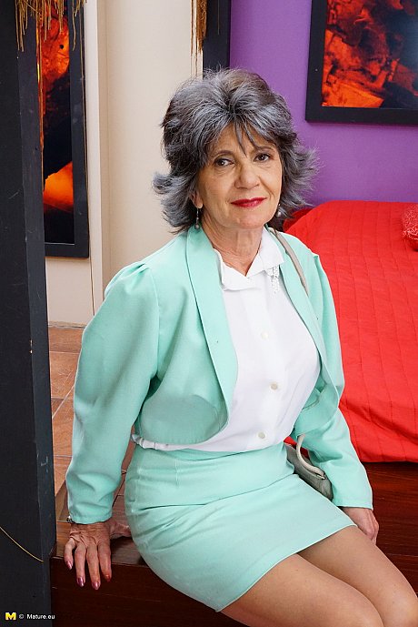 Dirty old lady with great legs strips down to her bra and lingerie - Image 1 of 16  in Skirt category   featuring Katala 