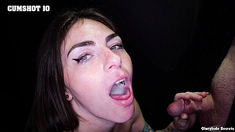 Brunette skank broad Tiny Rhea gets a mouthful of jizz at a gloryhole - Image 15 of 15  in Cumshot category   featuring Tiny Rhea 