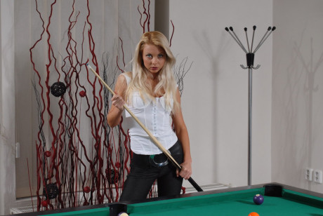 Sweet Euro blondie Lea T undresses atop pool table to play with puffed up twat - #477735