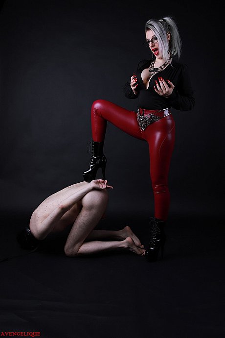 Platinum blondie Avengelique forces a naked male slave to the ground - Image 11 of 16  in Ass category   featuring Avengelique 