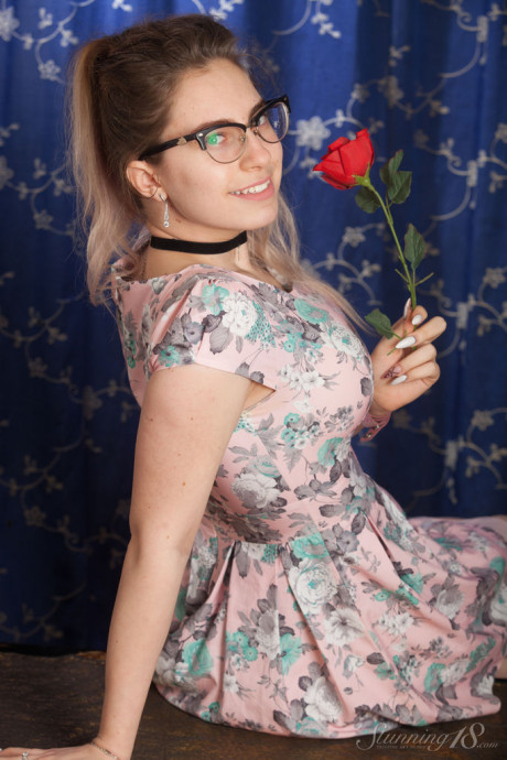 Nerdy 18 year older Liza Loo holds a rose showing her firm boobs in glasses - #54666