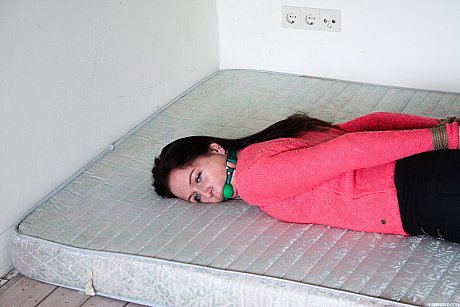 Fully clothed female sub Lena hog tied & ball gagged in high heel boots - Image 3 of 17  in Outdoor category   featuring Lena 