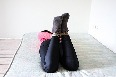 Fully clothed female sub Lena hog tied & ball gagged in high heel boots - Image 10 of 17  in Outdoor category   featuring Lena 