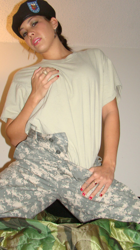 Hot military bitch girl lady peels off her combat uniform to tease nude in her panties - #96910