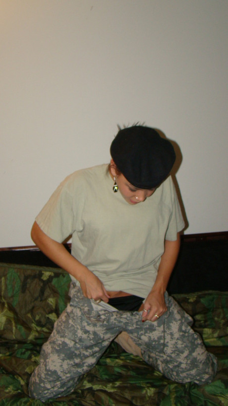 Hot military bitch girl lady peels off her combat uniform to tease nude in her panties - #96911