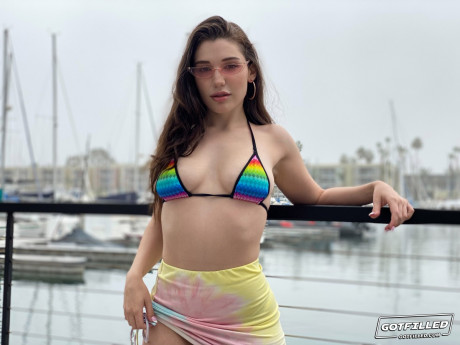 Brunette skank broad Lily Lou models a bikini at a marina before rough sex inside - #512868