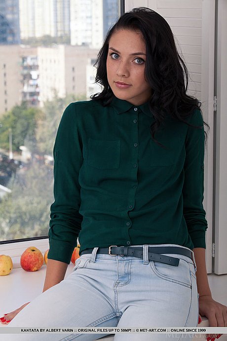 Brunette babe in jeans bares tiny melons and bald teen snatch while undressing - Image 1 of 18  in Legs category   featuring Kantata 