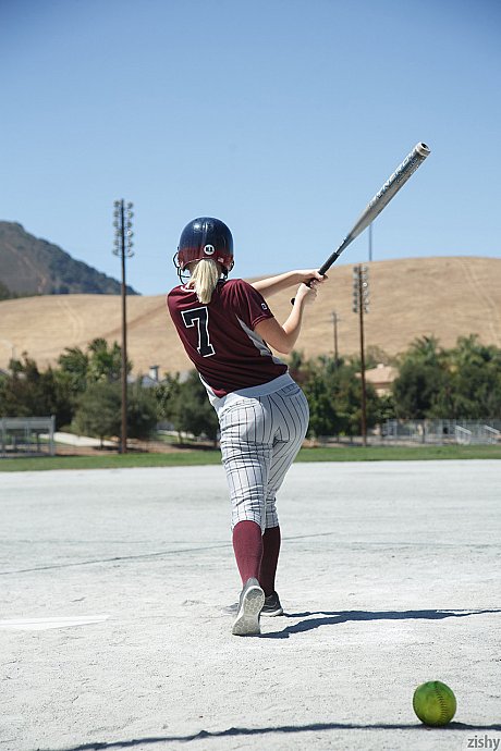 Sporty blondie Morgan Attwood flashing tiny boobies & hot behind in a softball field - Image 6 of 11  in Babe category   featuring Morgan Attwood 