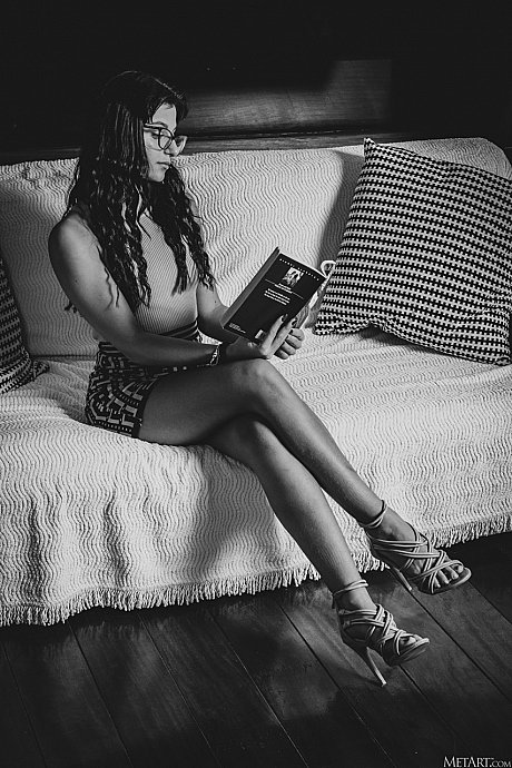 Sexy fresh young lady GF chick strips to her heels before reading a book in ebony and white - Image 16 of 21  in Model category   featuring Zoelie 