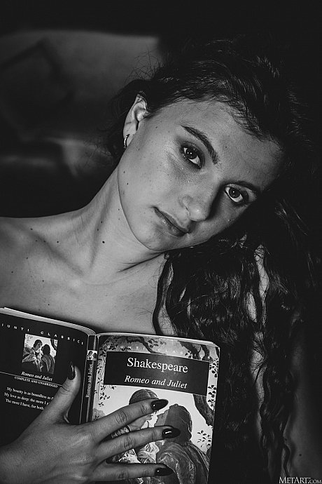 Sexy fresh young lady GF chick strips to her heels before reading a book in ebony and white - Image 21 of 21  in Model category   featuring Zoelie 