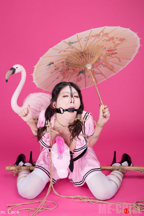 Oriental solo lady gf girl Coco holds a parasol after being bound and ball gagged - #1299135