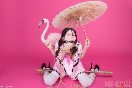 Oriental solo lady gf girl Coco holds a parasol after being bound and ball gagged - #1299140