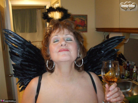 Busty old redhead Busty Bliss swallows a small schlong wearing angel wings - #580871