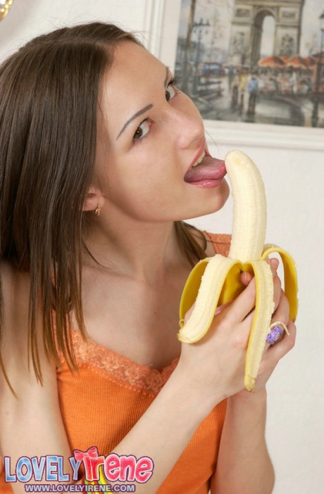 Thin teen pretty lovely Irene strips to her socks while eating a banana - #594842
