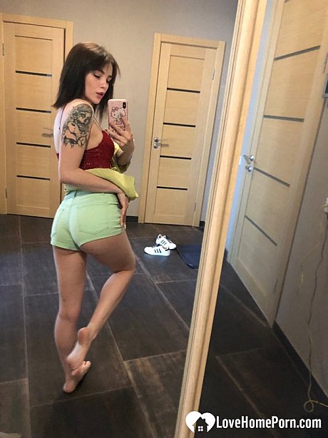 Slender amateur brunette strips and poses naked in front of the mirror - Image 6 of 20  in Amateur category  