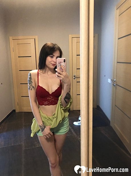 Slender amateur brunette strips and poses naked in front of the mirror - Image 13 of 20  in Amateur category  