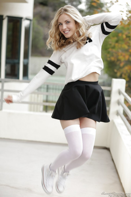 Blondy pornstar Karla Kush posing topless outdoors in schoolgirl uniform - #332636