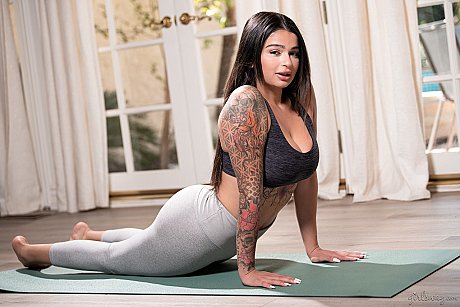 Three gigantic bottomed females do yoga in their workout clothes - Image 10 of 15  in Lesbian category   featuring Carolina Cortez, Kali Roses, Violet Myers 