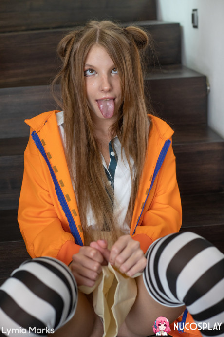 Cute skank gf chick Lymia Marks plays with a suction dildo in striped thigh highs - #1286133