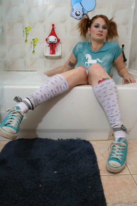 Fine brunette babe with pigtails soaps her fine twat in solo bathroom fun - #1472127