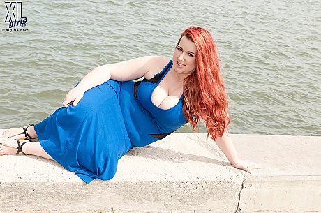 Ginger BBW Amerie Thomas runs water over her gigantic breasts after modeling a dress - Image 6 of 16  in Outdoor category   featuring Amerie Thomas 