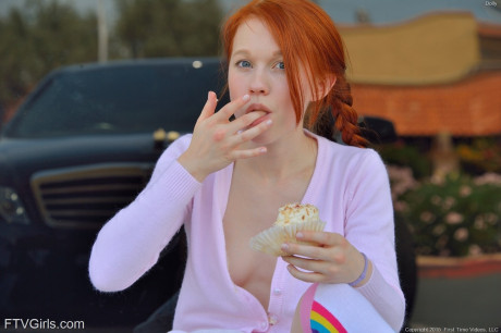 Short redheaded schoolgirl Dolly giving a pantyless upskirt in public - #32118