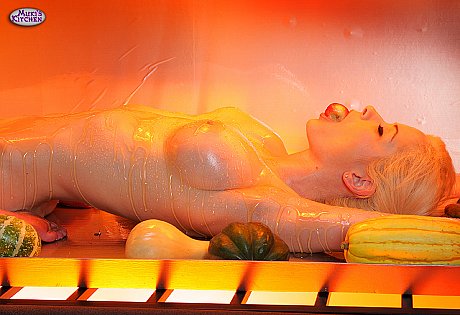 Yellow-haired with enormous boobs Emily Addison oiled up and garnished on a roasting tray - Image 13 of 20  in Close Up category   featuring Emily Addison 