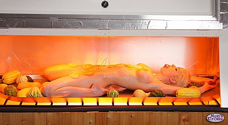 Yellow-haired with enormous boobs Emily Addison oiled up and garnished on a roasting tray - Image 15 of 20  in Close Up category   featuring Emily Addison 