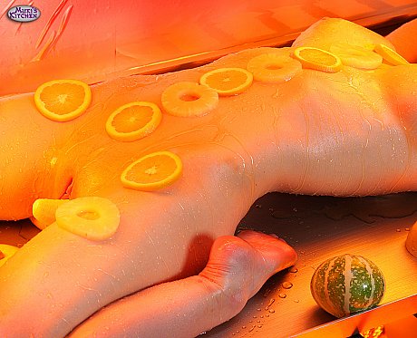 Yellow-haired with enormous boobs Emily Addison oiled up and garnished on a roasting tray - Image 16 of 20  in Close Up category   featuring Emily Addison 