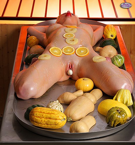 Yellow-haired with enormous boobs Emily Addison oiled up and garnished on a roasting tray - Image 18 of 20  in Close Up category   featuring Emily Addison 