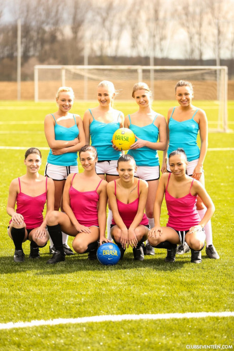 Teenage female soccer team strips on the field after practice and poses nude - #1050178