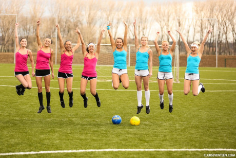 Teenage female soccer team strips on the field after practice and poses nude - #1050181
