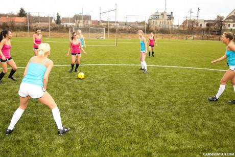 Teenage female soccer team strips on the field after practice and poses nude - #1050185