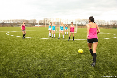 Teenage female soccer team strips on the field after practice and poses nude - #1050187