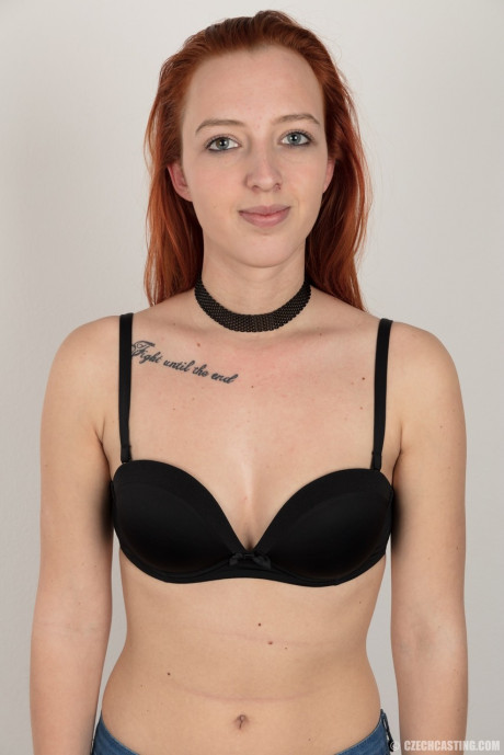 18 year cougar ginger wears a choker while stripping to a ebony thong - #708882