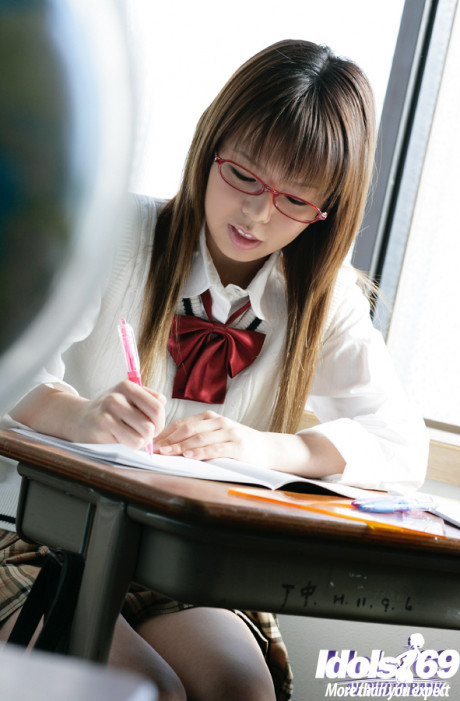 Kinky asian schoolgirl Yume Kimino taking off her skirt and panties #82780