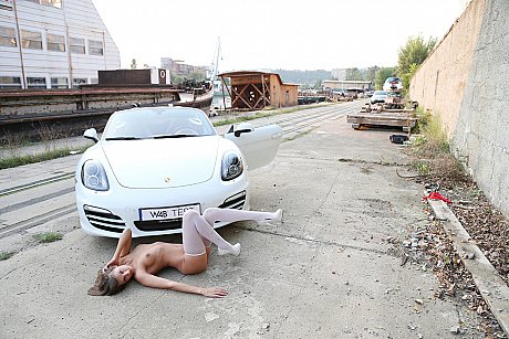 Adorable model with long legs Maria poses in nylons in a car - Image 14 of 20  in Outdoor category   featuring Melena Maria Rya 