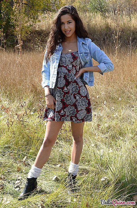 Latina first timer Bella Quinn covers up her exposed boobies in a field - Image 2 of 12  in Outdoor category   featuring Bella Quinn 