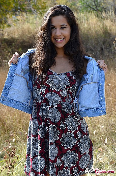 Latina first timer Bella Quinn covers up her exposed boobies in a field - Image 3 of 12  in Outdoor category   featuring Bella Quinn 
