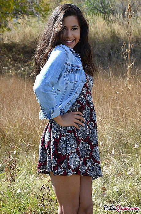 Latina first timer Bella Quinn covers up her exposed boobies in a field - Image 4 of 12  in Outdoor category   featuring Bella Quinn 