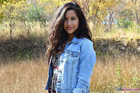 Latina first timer Bella Quinn covers up her exposed boobies in a field - Image 8 of 12  in Outdoor category   featuring Bella Quinn 