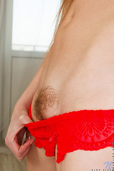 Lovely brunette teenie Alex Diaz doffs her red dress and rubs her furry snatch - Image 7 of 21  in Pussy category   featuring Alex Diaz 