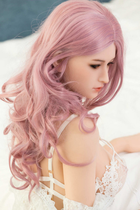 Purple-haired sex doll Sean posing on her bed in see-through lace lingerie - #242530