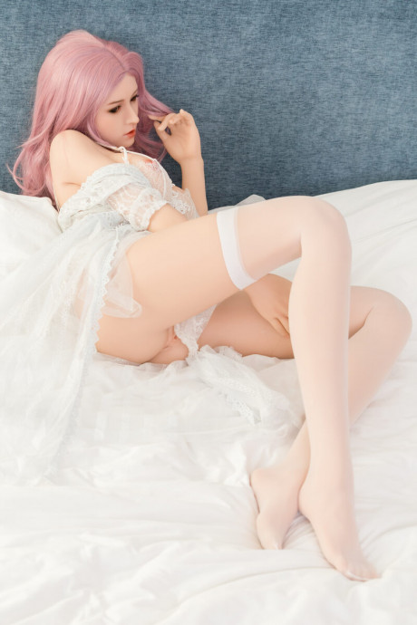 Purple-haired sex doll Sean posing on her bed in see-through lace lingerie - #242534