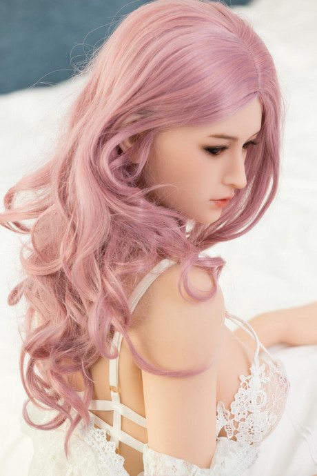 Purple-haired sex doll Sean posing on her bed in see-through lace lingerie - #242543